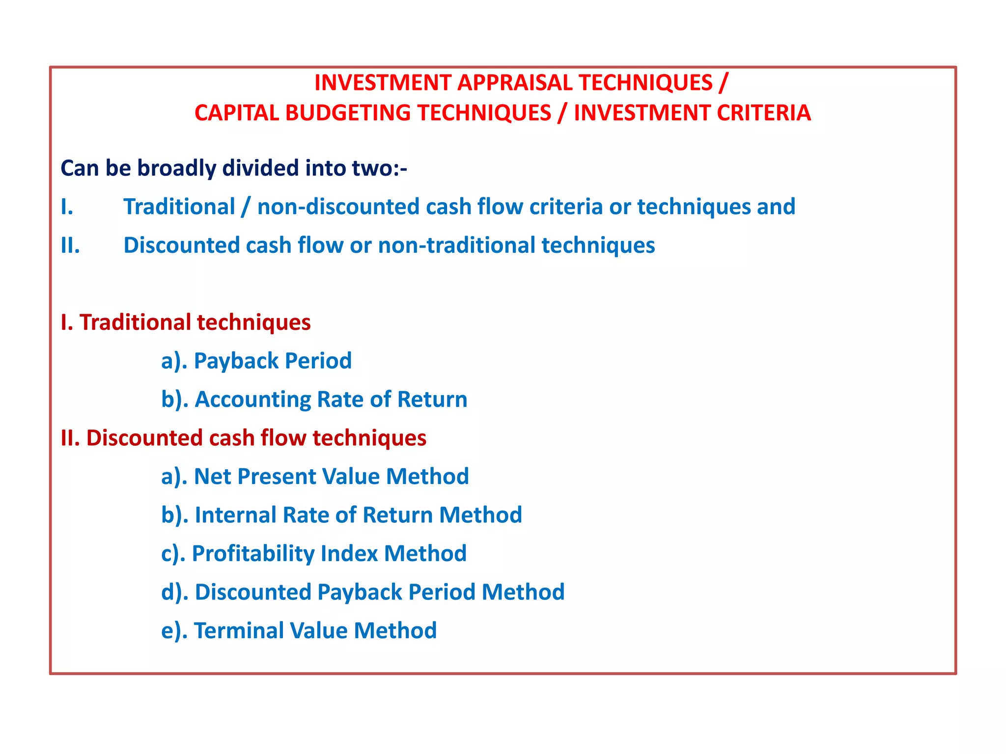 Investment appraisal techniques PPT
