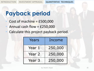 Payback period
• Cost of machine = £500,000
• Annual cash flow = £250,000
• Calculate this project payback period.
by: Shadi A. Razak 20
INTRODUCTION
Years Income
Year 1 250,000
Year 2 250,000
Year 3 250,000
INVESTMENT APPRIASAL QUANTITATIVE TECHNIQUES
 