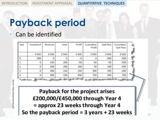 Payback period
by: Shadi A. Razak 22
INTRODUCTION
• Can be identified
Source:http://www.tutor2u.net
INVESTMENT APPRIASAL QUANTITATIVE TECHNIQUES
 