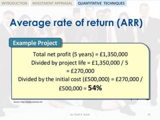 Average rate of return (ARR)
by: Shadi A. Razak 29
INTRODUCTION
Source: http://www.tutor2u.net
INVESTMENT APPRIASAL QUANTITATIVE TECHNIQUES
 