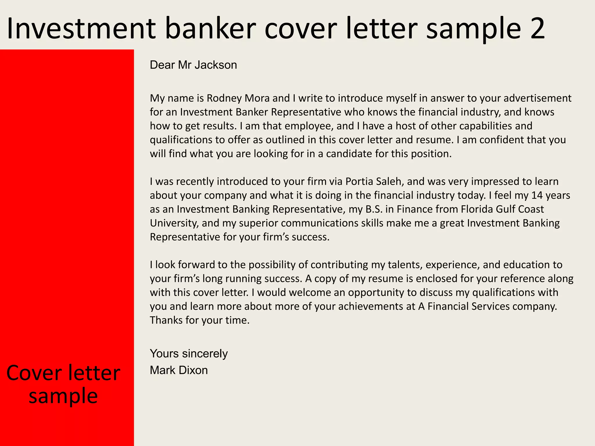 Investment banker cover letter PPT