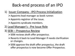 Back-end process of an IPO
1) Issuer Company - IPO Process Initialization
  Appoints lead manager as book runner.
  Appoints registrar of the issue.
  Appoints syndicate members.
2) Lead Manager's - Pre Issue Role
3) SEBI – Prospectus Review
  SEBI reviews draft offer prospectus.
  Reverts it back to Lead Manager if needs clarification
   or changes.
  SEBI approve the draft offer prospectus, the draft
   offer prospectus is now become Offer Prospectus.
 