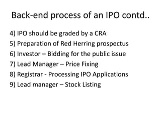 Back-end process of an IPO contd..
4) IPO should be graded by a CRA
5) Preparation of Red Herring prospectus
6) Investor – Bidding for the public issue
7) Lead Manager – Price Fixing
8) Registrar - Processing IPO Applications
9) Lead manager – Stock Listing
 
