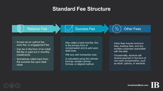 InvestmentBank.com2
Standard Fee Structure
• Known as an upfront fee,
work fee, or engagement fee
• Can be in the form of an initial
flat fee or paid out in monthly
installments
• Sometimes rolled back from
the success fee upon deal
close
• Also called a back-end fee, this
is the primary form of
compensation and is paid upon
deal close.
• Will vary with transaction size.
• Is calculated using the Lehman
formula, double Lehman
formula, or aligned method.
• Other fees include minimum
fees, breakup fees, and any
ancillary expenses associated
with the deal.
• Occasionally, advisors will
receive payment in the form of
non-cash compensation, such
as stock, options, or warrants.
Retainer Fee Success Fee Other Fees
 
