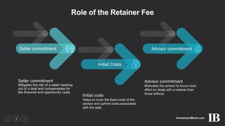 InvestmentBank.com4
Role of the Retainer Fee
Seller commitment
Initial Costs
Advisor commitment
Seller commitment
Mitigates the risk of a seller backing
out of a deal and compensates for
the financial and opportunity costs.
Initial costs
Helps to cover the fixed costs of the
advisor and upfront costs associated
with the deal.
Advisor commitment
Motivates the advisor to focus more
effort on deals with a retainer than
those without.
 
