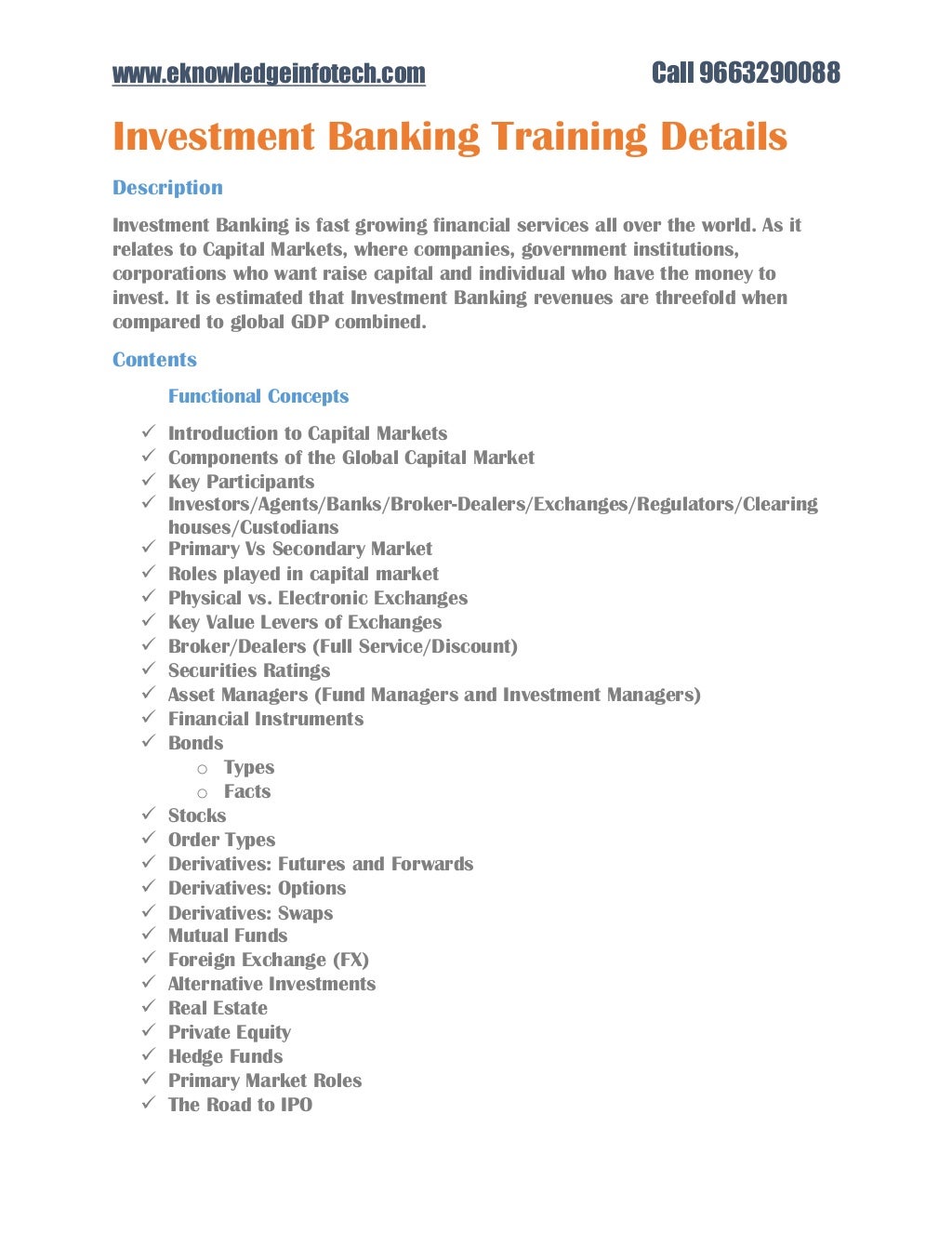 Investment banking training contents