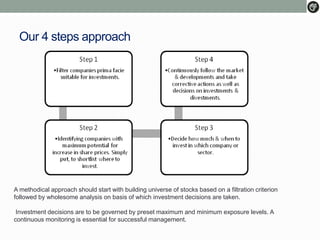 Our 4 steps approach
A methodical approach should start with building universe of stocks based on a filtration criterion
followed by wholesome analysis on basis of which investment decisions are taken.
Investment decisions are to be governed by preset maximum and minimum exposure levels. A
continuous monitoring is essential for successful management.
 