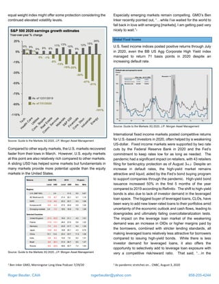 Roger Beutler, CAIA rogerbeutler@yahoo.com 858-205-4244
equal weight index might offer some protection considering the
continued elevated volatility levels.
Source: Guide to the Markets 3Q 2020, J.P. Morgan Asset Management
Compared to other equity markets, the U.S. markets recovered
faster from their lows in March. However, U.S. equity markets
at this point are also relatively rich compared to other markets.
A sliding USD has helped some markets but fundamentals in
many markets provide more potential upside than the equity
markets in the United States.
Source: Guide to the Markets 3Q 2020, J.P. Morgan Asset Management
1 Ben Inker GMO, Morningstar Long View Podcast 7/29/20
Especially emerging markets remain compelling. GMO’s Ben
Inker recently pointed out, “…while I’ve waited for the world to
fall back in love with emerging [markets], I am getting paid very
nicely to wait.”1
Global Fixed Income
U.S. fixed income indices posted positive returns through July
in 2020, even the BB US Agg Corporate High Yield index
managed to return 71 basis points in 2020 despite an
increasing default rate.
Source: Guide to the Markets 3Q 2020, J.P. Morgan Asset Management
International fixed income markets posted competitive returns
for U.S.-based investors in 2020, often helped by a weakening
US-dollar. Fixed income markets were supported by two rate
cuts by the Federal Reserve Bank in 2020 and the Fed’s
commitment to keep rates low for as long as needed. The
pandemic had a significant impact on retailers, with 43 retailers
filing for bankruptcy protection as of August 3rd.2 Despite an
increase in default rates, the high-yield market remains
attractive and liquid, aided by the Fed’s bond buying program
to support companies through the pandemic. High-yield bond
issuance increased 50% in the first 5 months of the year
compared to 2019 according to Refinitiv. The shift to high-yield
bonds is also due to lack of investor demand in the leveraged
loan space. The biggest buyer of leveraged loans, CLOs, have
been wary to add new lower-rated loans to their portfolios amid
uncertainty of the economic outlook and cash flows, leading to
downgrades and ultimately failing overcollateralization tests.
The impact on the leverage loan market of the weakening
demand was an increase in OIDs or higher margins paid by
the borrowers, combined with stricter lending standards, all
making leveraged loans relatively less attractive for borrowers
compared to issuing high-yield bonds. While there is less
investor demand for leveraged loans, it also offers the
opportunity to selectively add to leverage loan exposure with
very a competitive risk/reward ratio. That said, “…in the
2 As pandemic stretches on… CNBC, August 3, 2020
 