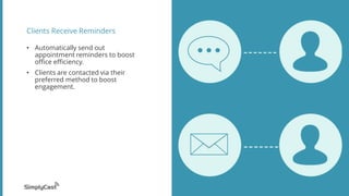 Clients Receive Reminders
• Automatically send out
appointment reminders to boost
office efficiency.
• Clients are contacted via their
preferred method to boost
engagement.
 