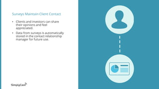 Surveys Maintain Client Contact
• Clients and investors can share
their opinions and feel
appreciated.
• Data from surveys is automatically
stored in the contact relationship
manager for future use.
 