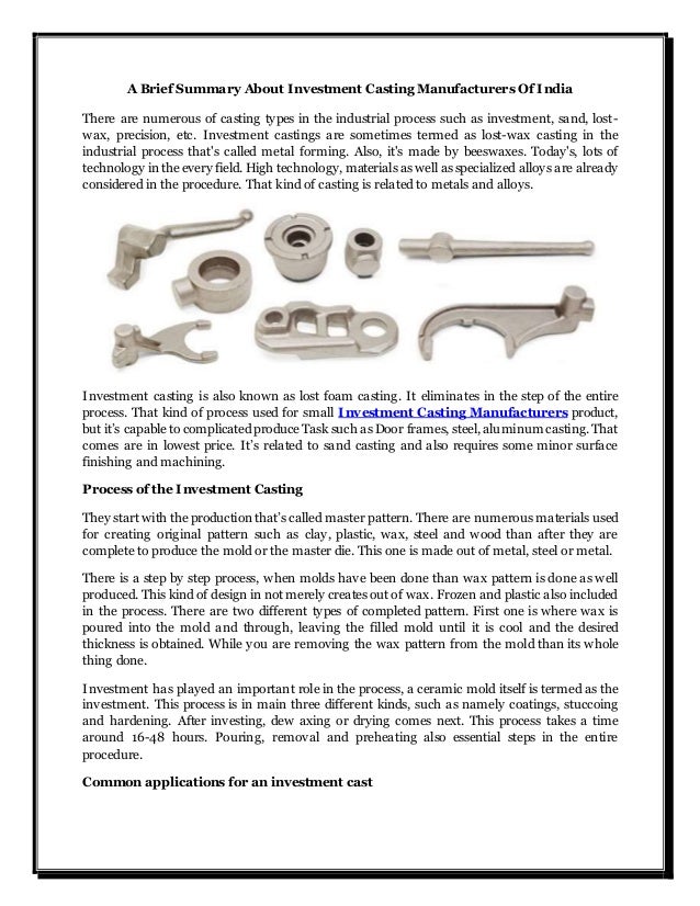 A Brief Summary About Investment Casting Manufacturers Of India
