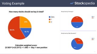 Voting Example
10
How many stocks should we buy in total?
Calculate weighted score:
(0.583*1)+(0.25*2) = 1.083 -> Buy 1 new position
 
