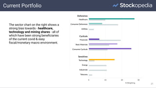 Current Portfolio
21
The sector chart on the right shows a
strong bias towards - healthcare,
technology and mining shares - all of
which have been strong beneﬁciaries
of the current covid & easy
ﬁscal/monetary macro environment.
 