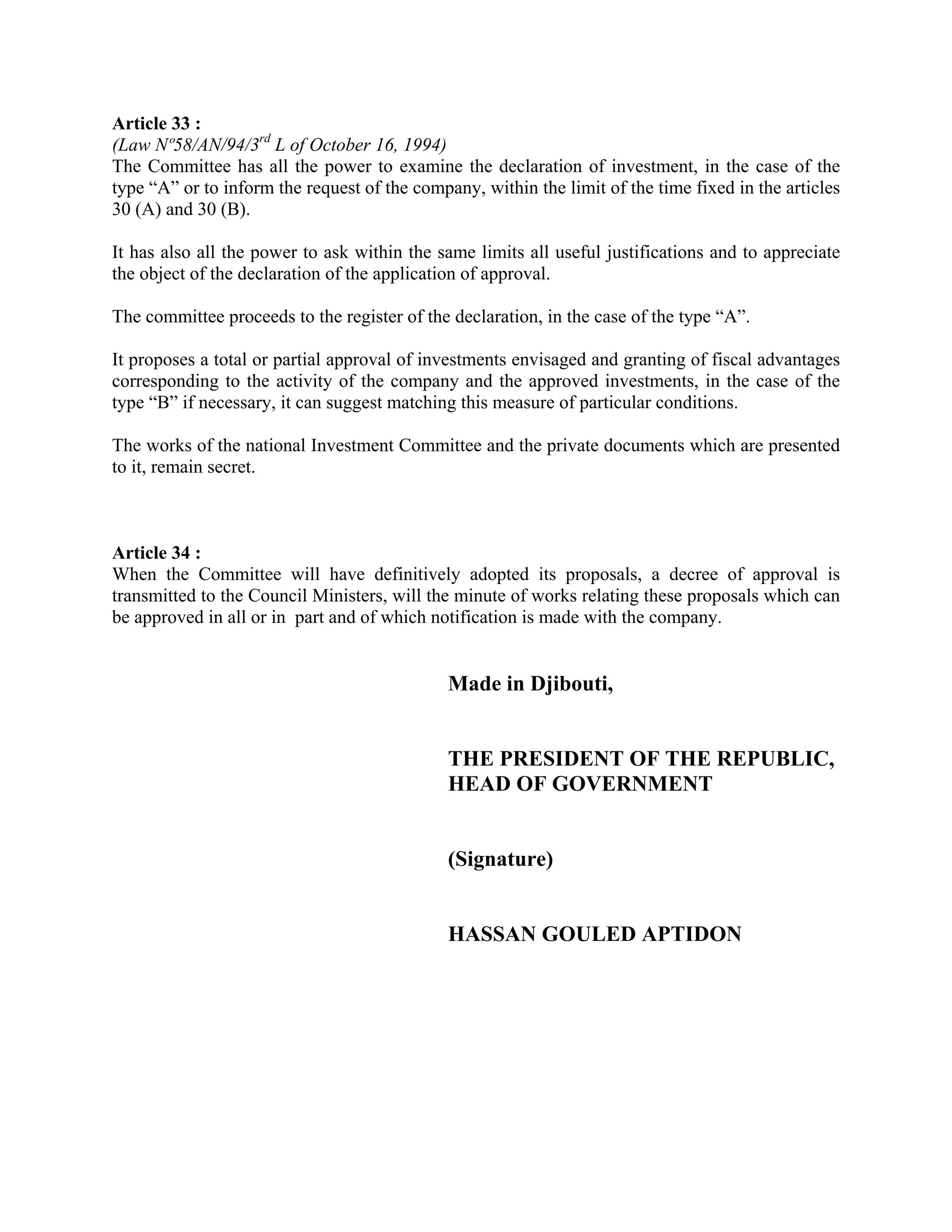 Investment Code Djibouti