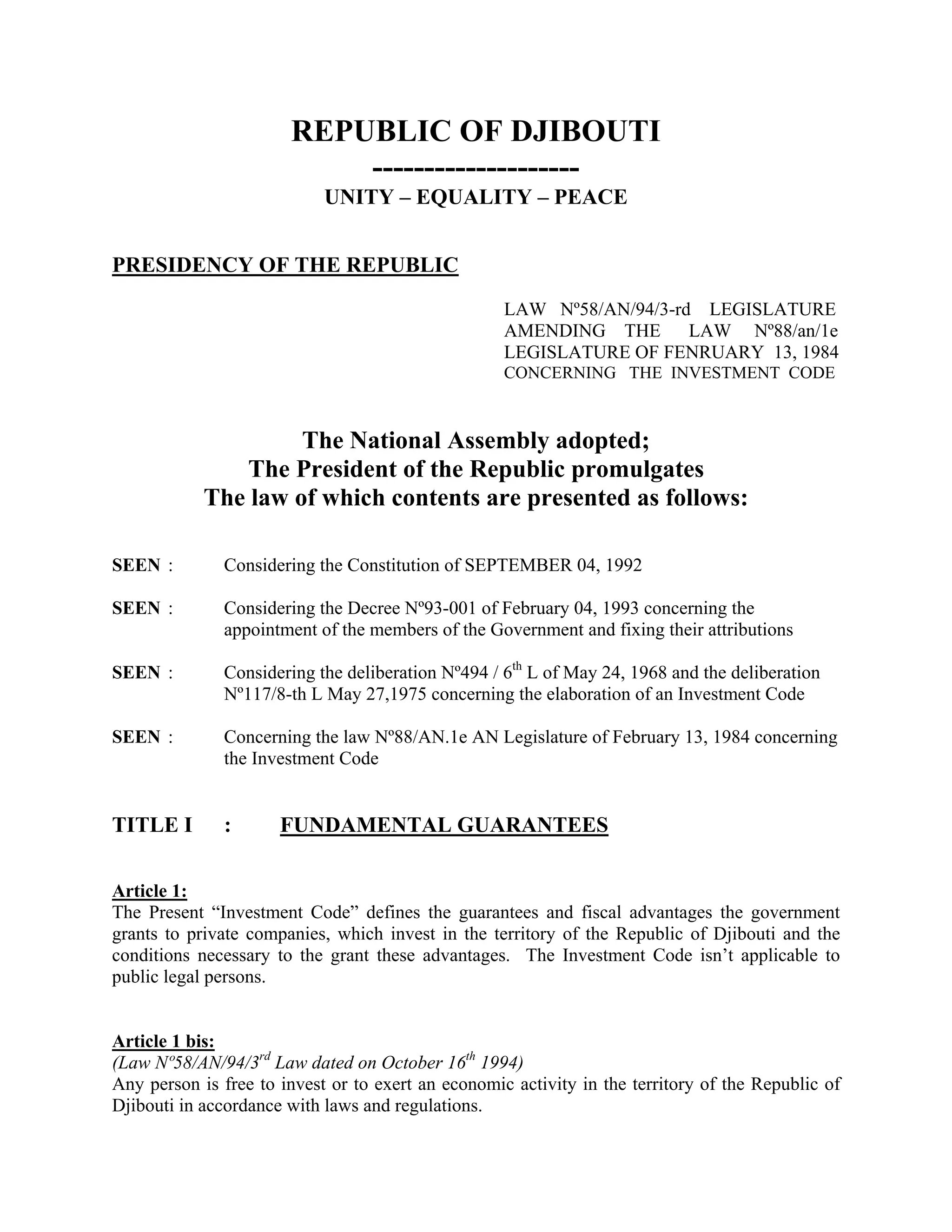 Investment Code Djibouti
