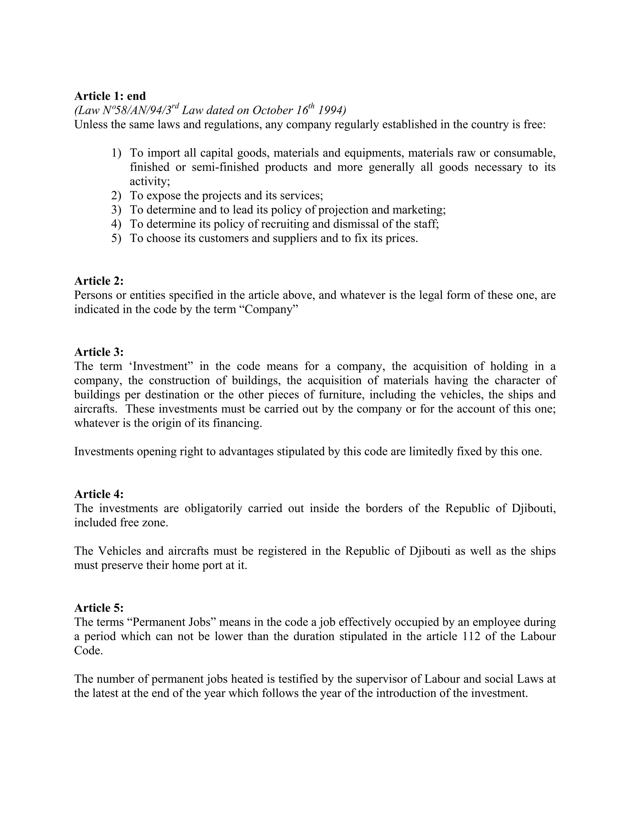 Investment Code Djibouti