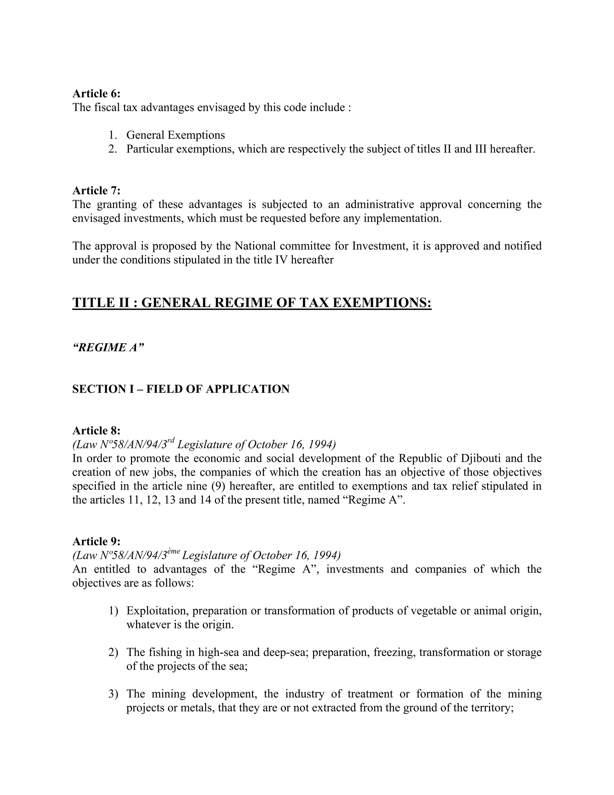 Investment Code Djibouti