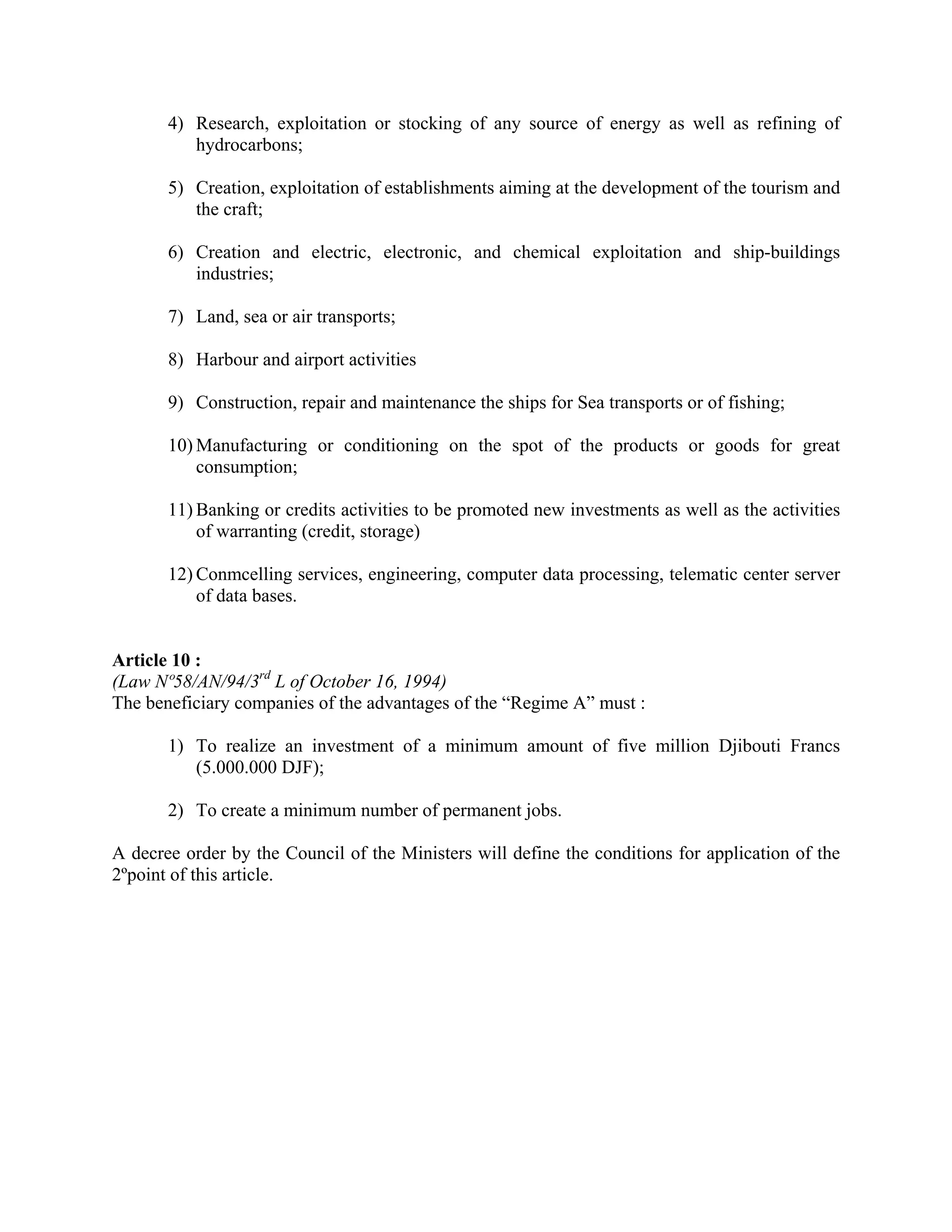 Investment Code Djibouti
