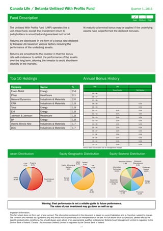Canada Life / Setanta Unitised With Proﬁts Fund                                                                                                            Quarter 1, 2011


Fund Description

The Unitised With Proﬁts Fund (UWP) operates like a                                          At maturity a terminal bonus may be applied if the underlying
unit-linked fund, except that investment return to                                           assets have outperformed the declared bonuses.
policyholders is smoothed and guaranteed not to fall.

Returns are distributed in the form of a bonus rate declared
by Canada Life based on various factors including the
performance of the underlying assets.

Returns are smoothed to the investor in that the bonus
rate will endeavour to reﬂect the performance of the assets
over the long term, allowing the investor to avoid short-term
volatility in the markets.




Top 10 Holdings                                                                              Annual Bonus History

 Company                          Sector                                 %                               Year                          Life

                                                                                                                                   Gross Version                Net Version
 Exxon Mobil                      Energy                                 2.4
                                                                                                        95 – 96                          -                           -
 Pﬁzer                            Healthcare                             2.1
                                                                                                        96 – 97                          -                           -
 General Dynamics                 Industrials & Materials                2.0                            97 – 98                          -                           -

 CRH                              Industrials & Materials                1.9                            98 – 99                          -                         6.5%

 Total                            Energy                                 1.9                            99 – 00                          -                         6.0%

                                                                                                        00 – 01                        6.0%                        5.0%
 ENI                              Energy                                 1.8
                                                                                                        01 – 02                        6.0%                        4.5%
 Johnson & Johnson                Healthcare                             1.8
                                                                                                        02 – 03                        5.0%                        3.5%
 BP                               Energy                                 1.8                            03 – 04                        2.0%                        0.0%

 Owens Illinois New               Industrials & Materials                1.7                            04 – 05                        1.0%                        0.0%

 DCC                              Industrials & Materials                1.7                            05 – 06                        1.0%                        0.0%

                                                                                                        06 – 07                        1.0%                        0.0%

                                                                                                        07 - 08                        1.0%                        0.0%

                                                                                                        08 - 09                        0.5%                        0.0%

                                                                                                        09 - 10                        0.0%                        0.0%

                                                                                                        10 - 11                        0.0%                        0.0%

                                                                                             Bonus rates are declared net of management charges


Asset Distribution                                      Equity Geographic Distribution                                        Equity Sectoral Distribution

                                                                                Japan                                                     Telecoms/Utilities Consumer
                      Property                                                           Ireland                                                             Discretionary
               Cash                                                             6.0%                                                            7.9%
                       2.0%                                Pacific & Emerging             5.8%                                                                   9.9%
               6.2%                                                                                    UK
                                                                 Markets                              10.3%                       Information                             Consumer
                                                                   8.6%                                                           Technology                               Staples
                                                                                                                                     12.1%                                 11.0%


   Equity                                                     Europe
   36.9%                               Fixed Interest
                                                              20.4%                                                           Industrials
                                           54.9%                                                                                                                              Energy
                                                                                                                              & Materials
                                                                                                                                                                              15.8%
                                                                                                                                16.4%


                                                                                                     USA
                                                                                                                                              Healthcare
                                                                                                    48.9%                                                       Financials
                                                                                                                                                12.6%
                                                                                                                                                                  14.3%




                                    Warning: Past performance is not a reliable guide to future performance.
                                           The value of your investment may go down as well as up.

Important Information:
This fact sheet does not form part of any contract. The information contained in this document is based on current legislation and is, therefore, subject to change.
The contents are intended as a guideline only and should not be construed as an interpretation of the law. For full details of all our products, please refer to the
speciﬁc product policy conditions. You should always seek advice of an appropriately qualiﬁed professional. Setanta Asset Management Limited is regulated by the
Central Bank of Ireland. Canada Life Assurance (Ireland) Limited is regulated by the Central Bank of Ireland.
                                                                                        14
 