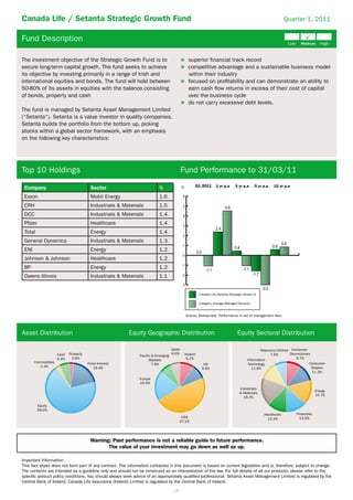 Canada Life / Setanta Strategic Growth Fund                                                                                                                      Quarter 1, 2011


Fund Description

The investment objective of the Strategic Growth Fund is to                                      superior ﬁnancial track record
secure long-term capital growth. The fund seeks to achieve                                       competitive advantage and a sustainable business model
its objective by investing primarily in a range of Irish and                                     within their industry
international equities and bonds. The fund will hold between                                     focused on proﬁtability and can demonstrate an ability to
50-80% of its assets in equities with the balance consisting                                     earn cash ﬂow returns in excess of their cost of capital
of bonds, property and cash                                                                      over the business cycle
                                                                                                 do not carry excessive debt levels.
The fund is managed by Setanta Asset Management Limited
(“Setanta“). Setanta is a value investor in quality companies.
Setanta builds the portfolio from the bottom up, picking
stocks within a global sector framework, with an emphasis
on the following key characteristics:




Top 10 Holdings                                                                            Fund Performance to 31/03/11
                                                                                                         Q1 2011     1 yr p.a     3 yr p.a     5 yr p.a   10 yr p.a
 Company                                Sector                            %                %

 Exxon                                  Mobil Energy                      1.6              6

 CRH                                    Industrials & Materials           1.5              5

 DCC                                    Industrials & Materials           1.4              4

 Pﬁzer                                  Healthcare                        1.4              3
 Total                                  Energy                            1.4
                                                                                           2
 General Dynamics                       Industrials & Materials           1.3
                                                                                           1
 ENI                                    Energy                            1.2
                                                                                           0
 Johnson & Johnson                      Healthcare                        1.2
                                                                                           -1
 BP                                     Energy                            1.2
 Owens Illinois                         Industrials & Materials           1.1              -2

                                                                                           -3

                                                                                                          Canada Life/Setanta Strategic Growth G

                                                                                                          Category Average Managed Dynamic


                                                                                                Source: Moneymate. Performance is net of management fees.




Asset Distribution                                      Equity Geographic Distribution                                             Equity Sectoral Distribution

                                                                                   Japan                                                          Telecoms/Utilities Consumer
                     Cash   Property                                               6.0%        Ireland                                                  7.6%        Discretionary
                                                              Pacific & Emerging
                     6.4%     2.8%                                  Markets                     9.2%                                      Information                   9.7%
       Commodities                     Fixed Interest                                                                                                                           Consumer
                                                                      7.9%                                  UK                            Technology
          2.4%                             19.4%                                                                                                                                  Staples
                                                                                                           9.9%                              11.6%
                                                                                                                                                                                  11.3%
                                                              Europe
                                                              19.9%
                                                                                                                                     Industrials
                                                                                                                                                                                    Energy
                                                                                                                                     & Materials
                                                                                                                                                                                    15.7%
                                                                                                                                       18.3%

         Equity
         69.0%
                                                                                                                                                    Healthcare         Financials
                                                                                          USA                                                         12.4%              13.5%
                                                                                         47.1%




                                        Warning: Past performance is not a reliable guide to future performance.
                                               The value of your investment may go down as well as up.

Important Information:
This fact sheet does not form part of any contract. The information contained in this document is based on current legislation and is, therefore, subject to change.
The contents are intended as a guideline only and should not be construed as an interpretation of the law. For full details of all our products, please refer to the
speciﬁc product policy conditions. You should always seek advice of an appropriately qualiﬁed professional. Setanta Asset Management Limited is regulated by the
Central Bank of Ireland. Canada Life Assurance (Ireland) Limited is regulated by the Central Bank of Ireland.
                                                                                    18
 