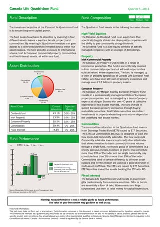 Canada Life Quadrivium Fund                                                                                                                       Quarter 1, 2011


Fund Description                                                                                       Fund Composition

The investment objective of the Canada Life Quadrivium Fund                                            The Quadrivium Fund invests in the following four asset classes:
is to secure long-term capital growth.
                                                                                                       High-Yield Equities
The fund seeks to achieve its objective by investing in four                                           The Canada Life Dividend Fund is an equity fund that
different asset classes – equities, bonds, property and                                                speciﬁcally targets stable blue chip quality companies with
commodities. By investing in Quadrivium investors can gain                                             the ability to pay consistently strong dividends.
access to a diversiﬁed portfolio invested across these four                                            The Dividend Fund is a pure equity portfolio of actively
asset classes. The fund provides exposure to international                                             managed companies with an average of 40 holdings.
shares, Irish & European commercial property, commodities
and ﬁxed interest assets, all within one fund.                                                         Property
                                                                                                       Irish Commercial Property
                                                                                                       The Canada Life Property Fund invests in a range of
Asset Distribution                                                                                     commercial properties. The fund is currently fully invested
                                                                                                       in Irish commercial properties but will seek opportunities
                                  Fixed Interest
                                      8.1%
                                                                                                       outside Ireland where appropriate. The fund is managed by
                                                                                                       a team of property specialists at Canada Life European Real
              Commodities
                                                                                                       Estate, who have over 20 years of property experience and
                18.4%                                                                                  manage over €1.7 billion in property assets.

                                                              Dividend Fund                            European Property
                                                                  43.1%                                The Canada Life/Morgan Stanley European Property Fund
              European Property
                                                                                                       invests in a professionally managed portfolio of European
                   16.5%                                                                               property companies, and is managed by a team of property
                                         Irish Property
                                             13.9%                                                     experts at Morgan Stanley with over 40 years of collective
                                                                                                       experience of real estate markets. The fund invests in
 Asset Class                                               Current           Expected
                                                                                                       quoted European property companies through buying
                                                          Allocation          Range
                                                                                                       real estate securities. Real Estate securities are indirect
 Dividend Fund                                             43.1%           20% - 50%                   investments in property whose long-term returns depend on
 Irish Property                                            13.9%           10% - 25%                   the underlying real estate market.
 European Property                                         16.5%           10% - 25%
                                                           18.4%
                                                                                                       Commodities
 Commodities                                                                 0% - 25%
                                                                                                       The commodities allocation in the Quadrivium fund invests
 Fixed Interest                                             8.1%             0% - 25%                  in an Exchange Traded Fund (ETF) issued by ETF Securities.
                                                                                                       The ETFs All Commodities DJ-AIGCI is designed to track the
                                                                                                       Dow Jones-AIG Commodity sub-index. The Dow Jones-AIG
Fund Performance                                                                                       Commodity sub-index invests in a broadly diversiﬁed index
         Q1 2011   1 yr p.a   2 yr p.a   3 yr p.a
                                                                                                       that allows investors to track commodity futures returns
 %
                                                                                                       through a single fund. No related group of commodities (e.g
 25                                                                                                    energy, precious metals, livestock or grains) may constitute
 20
                                                                                                       more than 33% of the index and no single commodity may
                                                                                                       constitute less than 2% or more than 15% of the index.
 15                                                                                                    Commodities tend to behave differently to all other asset
                                                            Canada Life Quadrivium Fund
                                                                                                       classes and for this reason are used as a good diversiﬁer in
 10
                                                                                                       multi-asset portfolios. The ETFs are issued by ETF Securities.
                                                            Diversified Funds Average
  5                                                         (Diversified Funds from Eagle Star,        ETF Securities invest the assets backing the ETF with AIG.
                                                            Irish Life & Canada Life)

  0
                                                                                                       Fixed Interest
 -5
                                                                                                       The Canada Life Fixed Interest Fund invests in government
                                                                                                       gilts predominantly from eurozone countries. Gilts, or bonds
-10                                                                                                    are essentially a form of debt. Governments and large
Source: Moneymate. Performance is net of management fees.
                                                                                                       corporations use them to raise money for capital expenditure.
This fund was launched on 22/10/07



                                            Warning: Past performance is not a reliable guide to future performance.
                                                   The value of your investment may go down as well as up.

Important Information:
This fact sheet does not form part of any contract. The information contained in this document is based on current legislation and is, therefore, subject to change.
The contents are intended as a guideline only and should not be construed as an interpretation of the law. For full details of all our products, please refer to the
speciﬁc product policy conditions. You should always seek advice of an appropriately qualiﬁed professional. Setanta Asset Management Limited is regulated by the
Central Bank of Ireland. Canada Life Assurance (Ireland) Limited is regulated by the Central Bank of Ireland.
                                                                                                  20
 