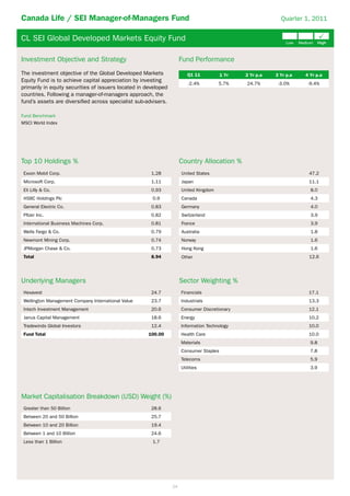 Canada Life / SEI Manager-of-Managers Fund                                                                   Quarter 1, 2011


CL SEI Global Developed Markets Equity Fund                                                                                     P
                                                                                                                Low   Medium    High



Investment Objective and Strategy                                     Fund Performance
The investment objective of the Global Developed Markets                 Q1 11           1 Yr   2 Yr p.a   3 Yr p.a     4 Yr p.a
Equity Fund is to achieve capital appreciation by investing
                                                                          -2.4%        5.7%     24.7%       -3.0%        -9.4%
primarily in equity securities of issuers located in developed
countries. Following a manager-of-managers approach, the
fund’s assets are diversified across specialist sub-advisers.

Fund Benchmark
MSCI World Index




Top 10 Holdings %                                                     Country Allocation %
 Exxon Mobil Corp.                                     1.28           United States                                       47.2
 Microsoft Corp.                                       1.11           Japan                                               11.1
 Eli Lilly & Co.                                       0.93           United Kingdom                                      8.0
 HSBC Holdings Plc                                     0.9            Canada                                              4.3
 General Electric Co.                                  0.83           Germany                                             4.0
 Pfizer Inc.                                           0.82           Switzerland                                         3.9
 International Business Machines Corp.                 0.81           France                                              3.9
 Wells Fargo & Co.                                     0.79           Australia                                           1.8
 Newmont Mining Corp.                                  0.74           Norway                                              1.6
 JPMorgan Chase & Co.                                  0.73           Hong Kong                                           1.6
 Total                                                 8.94           Other                                               12.6




Underlying Managers                                                   Sector Weighting %
 Hexavest                                              24.7           Financials                                          17.1
 Wellington Management Company International Value     23.7           Industrials                                         13.3
 Intech Investment Management                          20.6           Consumer Discretionary                              12.1
 Janus Capital Management                              18.6           Energy                                              10.2
 Tradewinds Global Investors                           12.4           Information Technology                              10.0
 Fund Total                                          100.00           Health Care                                         10.0
                                                                      Materials                                           9.8
                                                                      Consumer Staples                                    7.8
                                                                      Telecoms                                            5.9
                                                                      Utilities                                           3.9




Market Capitalisation Breakdown (USD) Weight (%)
 Greater than 50 Billion                               28.6
 Between 20 and 50 Billion                             25.7
 Between 10 and 20 Billion                             19.4
 Between 1 and 10 Billion                              24.6
 Less than 1 Billion                                   1.7




                                                                 24
 