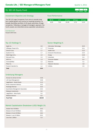 Canada Life / SEI Manager-of-Managers Fund                                                                   Quarter 1, 2011


CL SEI US Equity Fund                                                                                                           P
                                                                                                                Low   Medium    High



Investment Objective and Strategy                                     Fund Performance
The SEI US Large Companies Fund aims to provide long-                    Q1 11           1 Yr   2 Yr p.a   3 Yr p.a     4 Yr p.a
term capital growth and income by investing primarily in a
                                                                          -0.2%        7.2%     23.3%       2.7%         -4.1%
broadly diversified portfolio of US equity securities of large
companies. Following a manager-of-managers approach, the
fund’s assets are diversified across specialist sub-advisers.

Fund Benchmark
Russell 1000 Index




Top 10 Holdings %                                                     Sector Weighting %
 Apple Inc.                                            2.6            Information Technology                              24.6
 JPMorgan Chase & Co.                                  1.7            Financials                                          15.1
 Chevron Corp.                                         1.7            Health Care                                         13.3
 Qualcomm Inc.                                         1.7            Consumer Discretionary                              12.0
 Wells Fargo & Co.                                     1.5            Energy                                              10.8
 Microsoft Corp.                                       1.5            Industrials                                         9.3
 AT&T Inc.                                             1.3            Consumer Staples                                    6.4
 Conocophillips                                        1.2            Materials                                           3.1
 Pfizer Inc.                                           1.1            Telecomm Services                                   2.8
 Procter & Gamble Co.                                  1.1            Utilities                                           2.5
 Total                                                 15.6




Underlying Managers
 Aronson & Johnson & Ortiz                             15.8
 LSV Asset Management                                  15.8
 Legg Mason - Growth Equity                            11.2
 Brown Investment Advisory                             10.2
 Neuberger Berman                                      10.2
 Quantitative Management Associates                    10.2
 Delaware Investments                                  9.2
 Legg Mason - Value Equity                             9.2
 WestEnd Advisors                                      8.2
 Fund Total                                          100.00




Market Capitalisation Breakdown (USD) Weight (%)
 Greater than 50 Billion                               34.3
 Between 20 and 50 Billion                             26.1
 Between 10 and 20 Billion                             19.2
 Between 1 and 10 Billion                              20.2
 Less than 1 Billion                                   0.3




                                                                 26
 