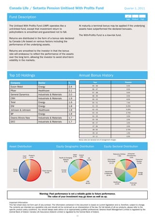 Canada Life / Setanta Pension Unitised With Proﬁts Fund                                                                                                Quarter 1, 2011


Fund Description

The Unitised With Proﬁts Fund (UWP) operates like a                                       At maturity a terminal bonus may be applied if the underlying
unit-linked fund, except that investment return to                                        assets have outperformed the declared bonuses.
policyholders is smoothed and guaranteed not to fall.
                                                                                          The With-Proﬁts Fund is a low-risk fund.
Returns are distributed in the form of a bonus rate declared
by Canada Life based on various factors including the
performance of the underlying assets.

Returns are smoothed to the investor in that the bonus
rate will endeavour to reﬂect the performance of the assets
over the long term, allowing the investor to avoid short-term
volatility in the markets.




Top 10 Holdings                                                                           Annual Bonus History
 Company                          Sector                                 %                                    Year                                     Pension
                                                                                                             95 – 96                                     9.0%
 Exxon Mobil                      Energy                                 2.4
                                                                                                             96 – 97                                     9.0%
 Pﬁzer                            Healthcare                             2.1
                                                                                                             97 – 98                                     9.0%
 General Dynamics                 Industrials & Materials                2.0
                                                                                                             98 – 99                                     9.0%
 CRH                              Industrials & Materials                1.9                                 99 – 00                                     8.0%

 Total                             Energy                                1.9                                 00 – 01                                     7.0%

 ENI                               Energy                                1.8                                 01 – 02                                     6.25%

                                                                                                             02 – 03                                     5.25%
 Johnson & Johnson                 Healthcare                            1.8
                                                                                                             03 – 04                                     3.75%
 BP                                Energy                                1.8
                                                                                                             04 – 05                                     3.0%
 Owens Illinois New                Industrials & Materials               1.7
                                                                                                             05 – 06                                     3.0%
 DCC                               Industrials & Materials               1.7                                 06 – 07                                     3.0%

                                                                                                             07 - 08                                     3.0%

                                                                                                             08 - 09                                     2.75%

                                                                                                             09 - 10                                     1.0%

                                                                                                             10 - 11                                     0.0%

                                                                                          Bonus rates are declared net of management charges



Asset Distribution                                      Equity Geographic Distribution                                     Equity Sectoral Distribution

                                                                                 Japan                                                  Telecoms/Utilities Consumer
                       Property                                                           Ireland                                                          Discretionary
                Cash                                                             6.0%                                                         7.9%
                        2.0%                                Pacific & Emerging             5.8%                                                                9.9%
                6.2%                                                                                  UK
                                                                  Markets                            10.3%                      Information                             Consumer
                                                                    8.6%                                                        Technology                               Staples
                                                                                                                                   12.1%                                 11.0%


    Equity                                                     Europe
    36.9%                              Fixed Interest
                                                               20.4%                                                        Industrials
                                           54.9%                                                                                                                           Energy
                                                                                                                            & Materials
                                                                                                                                                                           15.8%
                                                                                                                              16.4%


                                                                                                     USA                                  Healthcare
                                                                                                    48.9%                                                     Financials
                                                                                                                                            12.6%
                                                                                                                                                                14.3%




                                    Warning: Past performance is not a reliable guide to future performance.
                                           The value of your investment may go down as well as up.

Important Information:
This fact sheet does not form part of any contract. The information contained in this document is based on current legislation and is, therefore, subject to change.
The contents are intended as a guideline only and should not be construed as an interpretation of the law. For full details of all our products, please refer to the
speciﬁc product policy conditions. You should always seek advice of an appropriately qualiﬁed professional. Setanta Asset Management Limited is regulated by the
Central Bank of Ireland. Canada Life Assurance (Ireland) Limited is regulated by the Central Bank of Ireland.
                                                                                     36
 