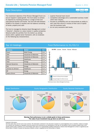 Canada Life / Setanta Pension Managed Fund                                                                                                                       Quarter 1, 2011


Fund Description

The investment objective of the Pension Managed Fund is to                                       superior ﬁnancial track record
secure long-term capital growth. The fund seeks to achieve                                       competitive advantage and a sustainable business model
its objective by investing primarily in a range of Irish and                                     within their industry
international equities and bonds. The fund will hold between                                     focused on proﬁtability and can demonstrate an ability to
50-80% of its assets in equities with the balance consisting                                     earn cash ﬂow returns in excess of their cost of capital
of bonds, property and cash                                                                      over the business cycle
                                                                                                 do not carry excessive debt levels.
The fund is managed by Setanta Asset Management Limited
(“Setanta“). Setanta is a value investor in quality companies.
Setanta builds the portfolio from the bottom up, picking
stocks within a global sector framework, with an emphasis
on the following key characteristics:




Top 10 Holdings                                                                            Fund Performance to 31/03/11
                                                                                                     Q1 2011       1 yr p.a    3 yr p.a      5 yr p.a   10 yr p.a
 Company                                 Sector                           %                %

 Exxon                                   Mobil Energy                     1.6               6

 CRH                                     Industrials & Materials          1.5               5

 DCC                                     Industrials & Materials          1.4               4

 Pﬁzer                                   Healthcare                       1.4               3

 Total                                   Energy                           1.4               2
 General Dynamics                        Industrials & Materials          1.3
                                                                                            1
 ENI                                     Energy                           1.2
                                                                                            0
 Johnson & Johnson                       Healthcare                       1.2
                                                                                           -1
 BP                                      Energy                           1.2
                                                                                           -2
 Owens Illinois                          Industrials & Materials          1.1

                                                                                                         Canada Life/Setanta Pension Managed

                                                                                                         Average Managed Fund (Mercer Survey)


                                                                                           Performance Source: Mercer Managed Fund Survey.




Asset Distribution                                        Equity Geographic Distribution                                         Equity Sectoral Distribution

                                                                                   Japan
                                                                                   6.0%                                                           Telecoms/Utilities Consumer
                              Property                        Pacific & Emerging               Ireland                                                              Discretionary
                       Cash                                                                                                                             7.6%
                                2.8%                                Markets                     9.2%                                                                    9.7%
                       6.4%                                                                                                               Information
         Commodities                     Fixed Interest               7.9%                                 UK                                                                   Consumer
                                                                                                                                          Technology
            2.4%                             19.4%                                                        9.9%                                                                    Staples
                                                                                                                                             11.6%
                                                                                                                                                                                  11.3%
                                                              Europe
                                                              19.9%

                                                                                                                                   Industrials
                                                                                                                                                                                    Energy
                                                                                                                                   & Materials
                                                                                                                                                                                    15.7%
                                                                                                                                     18.3%

          Equity
          69.0%
                                                                                          USA                                                       Healthcare         Financials
                                                                                         47.1%                                                        12.4%              13.5%




                                         Warning: Past performance is not a reliable guide to future performance.
                                                The value of your investment may go down as well as up.

Important Information:
This fact sheet does not form part of any contract. The information contained in this document is based on current legislation and is, therefore, subject to change.
The contents are intended as a guideline only and should not be construed as an interpretation of the law. For full details of all our products, please refer to the
speciﬁc product policy conditions. You should always seek advice of an appropriately qualiﬁed professional. Setanta Asset Management Limited is regulated by the
Central Bank of Ireland. Canada Life Assurance (Ireland) Limited is regulated by the Central Bank of Ireland.
                                                                                    42
 