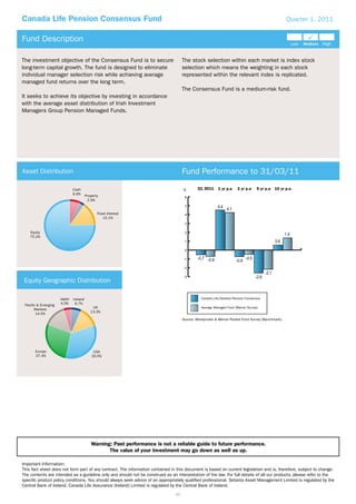 Canada Life Pension Consensus Fund                                                                                                                  Quarter 1, 2011


Fund Description

The investment objective of the Consensus Fund is to secure                          The stock selection within each market is index stock
long-term capital growth. The fund is designed to eliminate                          selection which means the weighting in each stock
individual manager selection risk while achieving average                            represented within the relevant index is replicated.
managed fund returns over the long term.
                                                                                     The Consensus Fund is a medium-risk fund.
It seeks to achieve its objective by investing in accordance
with the average asset distribution of Irish Investment
Managers Group Pension Managed Funds.




Asset Distribution                                                                   Fund Performance to 31/03/11

                              Cash                                                   %       Q1 2011      1 yr p.a     3 yr p.a    5 yr p.a   10 yr p.a
                              6.9%
                                        Property                                      6
                                         2.9%
                                                                                      5

                                               Fixed Interest                         4
                                                   15.1%
                                                                                      3

    Equity                                                                            2
    75.2%
                                                                                      1

                                                                                      0

                                                                                     -1

                                                                                     -2

                                                                                     -3
 Equity Geographic Distribution

                      Japan   Ireland                                                           Canada Life/Setanta Pension Consensus

 Pacific & Emerging   4.5%     6.7%
                                            UK                                                  Average Managed Fund (Mercer Survey)
       Markets
                                           13.3%
        14.5%
                                                                                     Source: Moneymate & Mercer Pooled Fund Survey (Benchmark).




       Europe                                USA
       27.4%                                33.5%




                                           Warning: Past performance is not a reliable guide to future performance.
                                                  The value of your investment may go down as well as up.

Important Information:
This fact sheet does not form part of any contract. The information contained in this document is based on current legislation and is, therefore, subject to change.
The contents are intended as a guideline only and should not be construed as an interpretation of the law. For full details of all our products, please refer to the
speciﬁc product policy conditions. You should always seek advice of an appropriately qualiﬁed professional. Setanta Asset Management Limited is regulated by the
Central Bank of Ireland. Canada Life Assurance (Ireland) Limited is regulated by the Central Bank of Ireland.
                                                                                45
 