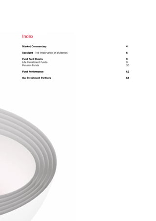 Index

Market Commentary                         4

Spotlight - The importance of dividends   6

Fund Fact Sheets                          9
Life Investment Funds                     9
Pension Funds                             35

Fund Performance                          62

Our Investment Partners                   64
 