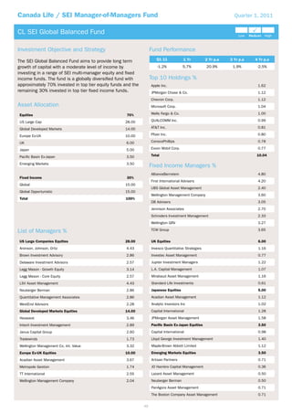 Canada Life / SEI Manager-of-Managers Fund                                                                        Quarter 1, 2011


CL SEI Global Balanced Fund                                                                                                 P
                                                                                                                    Low    Medium   High



Investment Objective and Strategy                                  Fund Performance
                                                                      Q1 11            1 Yr          2 Yr p.a   3 Yr p.a      4 Yr p.a
The SEI Global Balanced Fund aims to provide long term
growth of capital with a moderate level of income by                   -1.2%           5.7%          20.9%       1.9%          -2.5%
investing in a range of SEI multi-manager equity and fixed
income funds. The fund is a globally diversified fund with         Top 10 Holdings %
approximately 70% invested in top tier equity funds and the        Apple Inc.                                                   1.62
remaining 30% invested in top tier fixed income funds.             JPMorgan Chase & Co.                                         1.12
                                                                   Chevron Corp.                                                1.12
Asset Allocation                                                   Microsoft Corp.                                              1.04

Equities                                             70%           Wells Fargo & Co.                                            1.00

US Large Cap                                        28.00          QUALCOMM Inc.                                                0.99

Global Developed Markets                            14.00          AT&T Inc.                                                    0.81

Europe Ex-UK                                        10.00          Pfizer Inc.                                                  0.80

UK                                                   6.00          ConocoPhillips                                               0.78

Japan                                                5.00          Exxon Mobil Corp.                                            0.77

Pacific Basin Ex-Japan                               3.50          Total                                                      10.04

Emerging Markets                                     3.50
                                                                   Fixed Income Managers %
                                                                   AllianceBernstein                                            4.80
Fixed Income                                         30%
                                                                   First International Advisers                                 4.20
Global                                              15.00
                                                                   UBS Global Asset Management                                  2.40
Global Opportunistic                                15.00
                                                                   Wellington Management Company                                3.60
Total                                               100%
                                                                   DB Advisers                                                  3.05
                                                                   Jennison Associates                                          2.70
                                                                   Schroders Investment Management                              2.33
                                                                   Wellington GRV                                               3.27

List of Managers %                                                 TCW Group                                                    3.65


US Large Companies Equities                         28.00          UK Equities                                                  6.00
Aronson, Johnson, Ortiz                              4.43          Invesco Quantitative Strategies                              1.16
Brown Investment Advisory                            2.86          Investec Asset Management                                    0.77
Delaware Investment Advisors                         2.57          Jupiter Investment Managers                                  1.22
Legg Mason - Growth Equity                           3.14          L.A. Capital Management                                      1.07
Legg Mason - Core Equity                             2.57          Mirabaud Asset Management                                    1.16
LSV Asset Management                                 4.43          Standard Life Investments                                    0.61
Neuberger Berman                                     2.86          Japanese Equities                                            5.00
Quantitative Management Associates                   2.86          Acadian Asset Management                                     1.12
WestEnd Advisors                                     2.28          Analytic Investors Inc                                       1.02
Global Developed Markets Equities                   14.00          Capital International                                        1.28
Hexavest                                             3.46          JPMorgan Asset Management                                    1.58
Intech Investment Management                         2.89          Pacific Basin Ex-Japan Equities                              3.50
Janus Capital Group                                  2.60          Capital International                                        0.98
Tradewinds                                           1.73          Lloyd George Investment Management                           1.40
Wellington Management Co. Int. Value                 3.32          Maple-Brown Abbott Limited                                   1.12
Europe Ex-UK Equities                               10.00          Emerging Markets Equities                                    3.50
Acadian Asset Management                             3.67          Artisan Partners                                             0.71
Metropole Gestion                                    1.74          JO Hambro Capital Management                                 0.36
TT International                                     2.55          Lazard Asset Management                                      0.50
Wellington Management Company                        2.04          Neuberger Berman                                             0.50
                                                                   PanAgora Asset Management                                    0.71
                                                                   The Boston Company Asset Management                          0.71


                                                              49
 