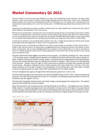 Market Commentary Q1 2011
Financial markets in the ﬁrst quarter were buffeted by a couple of the destabilising ‘known unknowns’: the tragic natural
disaster in Japan and the wave of political unrest/change sweeping across the Arab world. These macro uncertainties
proved enough to all but stiﬂe, but not signiﬁcantly reverse, the strong ﬂow into ‘risk’ assets such as equities which has
characterised investor behaviour for much of the last two years. The MSCI Developed World index returned -0.9% for the
quarter.
Fuelled by the exceptionally easy stance of ofﬁcial monetary policy, the surge in global stock markets since the trough of
March 2009 has now extended to 71% (in Euro terms).
While there has certainly been a strong economic and consequent earnings recovery over this period, some pause to reﬂect
on what this substantial rally in stock prices means for current valuation levels seems timely. After all, for value investors
such as us owning/buying the stock of a company with, for example, the MSCI World Equity Index at a price 1334.9 today
is a very different value proposition from owning/buying that stock at the trough price level of 697.5 in March 2009.
In broad terms, valuation is now somewhat above long-term ‘fair value’ – though still well below the extreme levels scaled
at the height of the technology boom in 2000 or prior to the great crash in 1929.
As stock prices rally, it is becoming more difﬁcult to buy stocks at prices below our estimation of their intrinsic worth. I
hasten to add, that this should in no way be taken as suggesting that we are making any forecast on the direction of stock
prices more generally. We are merely highlighting that as we analyse our stock opportunities on a case by case basis to
arrive at a sensible appraisal of their value, the sharp appreciation of stock prices over the last two years is now making
value more difﬁcult to ﬁnd.
European Government bonds lagged most assets over the quarter. The BofA ML Sovereign 5Yr+ index returned
-1.4% during the quarter. Despite political upheaval in the Middle East & North Africa and the natural disasters in
Japan, investors continued to allocate to riskier assets. Consensus points to global growth remaining strong over
the year, with liquidity deemed ample and offering some comfort to investors. Within Europe, the sovereign debt
crisis continues. However, there are signs of some containment as Spanish and Italian bond spreads narrowed
to core Europe. Portugal is expected to enter a bailout scenario, with many hopeful this is the line in the sand.
Ireland continues to try and get a handle on the socialisation of the banking crisis, with some signs of foreign
sentiment changing towards our pariah status (S&P rating lowered, but now stable outlook).
The Euro strengthened by approx. 6% against the USD during the quarter, from 1.34 to 1.42.
The best performing region over the period (in euro terms) was MSCI Europe ex UK (+1.9%). Japanese equities fell
by approx. 15% when the Earthquake and Tsunami hit in mid March, and although stocks did recover, the return for
the quarter was still negative (-10.1%).
The best performing global industrial sector was clearly energy, unsurprising given the rising oil price. The weakest
sector over the quarter was consumer staples.
Brent Oil continued to rise during the quarter reaching $118/bbl by end March – the highest level since October
2008. Growth in manufacturing together with the cold weather in Europe and the US helped to increase demand
in 2010. However, political upheaval in North Africa and the Middle East drove the price above $100/bbl in 2011.
The DJ UBS Spot Commodity index rose by 5.1% during the last quarter, bringing the gains for the year to 17.0%


MSCI World Q1. 2011




Source: MSCI Net Total Returns (in €) 01.01.11 – 31.03.11

                                                            4
 