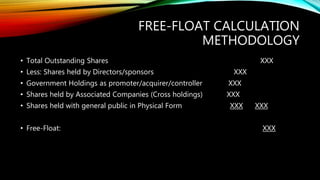 FREE-FLOAT CALCULATION
METHODOLOGY
• Total Outstanding Shares XXX
• Less: Shares held by Directors/sponsors XXX
• Government Holdings as promoter/acquirer/controller XXX
• Shares held by Associated Companies (Cross holdings) XXX
• Shares held with general public in Physical Form XXX XXX
• Free-Float: XXX
 