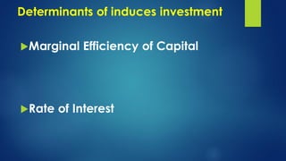 Determinants of induces investment
Marginal Efficiency of Capital
Rate of Interest
 