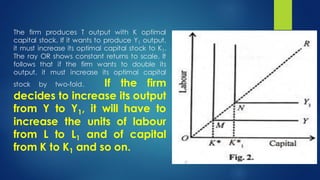 The firm produces T output with K optimal
capital stock. If it wants to produce Y1 output,
it must increase its optimal capital stock to K1.
The ray OR shows constant returns to scale. It
follows that if the firm wants to double its
output, it must increase its optimal capital
stock by two-fold. If the firm
decides to increase its output
from Y to Y1, it will have to
increase the units of labour
from L to L1 and of capital
from K to K1 and so on.
 