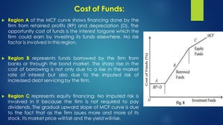 Cost of Funds:
 Region A of the MCF curve shows financing done by the
firm from retained profits (RP) and depreciation (D). The
opportunity cost of funds is the interest forgone which the
firm could earn by investing its funds elsewhere. No risk
factor is involved in this region.
 Region B represents funds borrowed by the firm from
banks or through the bond market. The sharp rise in the
cost of borrowing is not only due to a rise in the market
rate of interest but also due to the imputed risk of
increased debt servicing by the firm.
 Region C represents equity financing. No imputed risk is
involved in it because the firm is not required to pay
dividends. The gradual upward slope of MCF curve is due
to the fact that as the firm issues more and more of its
stock, its market price willfall and the yield willrise.
 