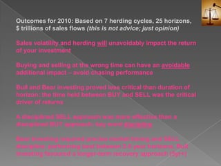 Outcomes for 2010: Based on 7 herding cycles, 25 horizons, $ trillions of sales flows (this is not advice; just opinion)Sales volatility and herding will unavoidably impact the return of your investmentBuying and selling at the wrong time can have an avoidable additional impact – avoid chasing performanceBull and Bear investing proved less critical than duration of horizon: the time held between BUY and SELL was the critical driver of returnsA disciplined SELL approach was more effective than a disciplined BUY approach: key word disciplineBear Investing required precise market timing and SELL discipline; performing best between 2-5 year horizons, Bull investing favoured a longer-term recovery approach (5yr+)