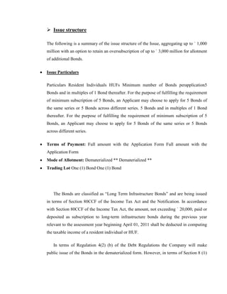  Issue structure

The following is a summary of the issue structure of the Issue, aggregating up to ` 1,000
million with an option to retain an oversubscription of up to ` 3,000 million for allotment
of additional Bonds.

Issue Particulars

Particulars Resident Individuals HUFs Minimum number of Bonds perapplication5
Bonds and in multiples of 1 Bond thereafter. For the purpose of fulfilling the requirement
of minimum subscription of 5 Bonds, an Applicant may choose to apply for 5 Bonds of
the same series or 5 Bonds across different series. 5 Bonds and in multiples of 1 Bond
thereafter. For the purpose of fulfilling the requirement of minimum subscription of 5
Bonds, an Applicant may choose to apply for 5 Bonds of the same series or 5 Bonds
across different series.

Terms of Payment: Full amount with the Application Form Full amount with the
Application Form
Mode of Allotment: Dematerialized ** Dematerialized **
Trading Lot One (1) Bond One (1) Bond




    The Bonds are classified as ―Long Term Infrastructure Bonds‖ and are being issued
in terms of Section 80CCF of the Income Tax Act and the Notification. In accordance
with Section 80CCF of the Income Tax Act, the amount, not exceeding ` 20,000, paid or
deposited as subscription to long-term infrastructure bonds during the previous year
relevant to the assessment year beginning April 01, 2011 shall be deducted in computing
the taxable income of a resident individual or HUF.

    In terms of Regulation 4(2) (b) of the Debt Regulations the Company will make
public issue of the Bonds in the dematerialized form. However, in terms of Section 8 (1)
 