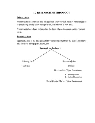 1.3 RESEARCH METHDOLOGY
Primary data

Primary data is a term for data collected on source which has not been subjected
to processing or any other manipulation, it is known as raw data.

Primary data have been collected on the basis of questionnaire on this relevant
topic.

Secondary data

Secondary data is the data collected by someone other than the user. Secondary
data includes newspapers, books, etc.

                          Research methodology




      Primary data                                   Secondary data

      Surveys                                              Books:-

                                           Debt market (Vipul Prakashan)
                                                       1. Sandeep Gupta
                                                       2. Sachin Bhandarkar

                                 Global Capital Market (Vipul Prakashan)
 