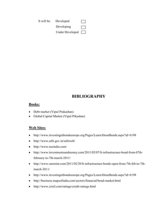 It will be:   Developed
                   Developing
                   Under Developed




                                BIBLIOGRAPHY
Books:
  Debt market (Vipul Prakashan)
  Global Capital Market (Vipul Prkashan)


Web Sites:
  http://www.investinginbondseurope.org/Pages/LearnAboutBonds.aspx?id=6198
  http://www.sebi.gov.in/sebiweb/
  http://www.nseindia.com/
  http://www.investmentsandmoney.com/2011/02/07/lt-infrastructure-bond-from-07th-
  february-to-7th-march-2011/
  http://www.onemint.com/2011/02/20/lt-infrastructure-bonds-open-from-7th-feb-to-7th-
  march-2011/
  http://www.investinginbondseurope.org/Pages/LearnAboutBonds.aspx?id=6198
  http://business.mapsofindia.com/sectors/financial/bond-market.html
  http://www.crisil.com/ratings/credit-ratings.html
 