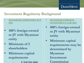 www.duanemorris.com
Investment Regulatory Background
• MYANMAR COMPANIES ACT
1914
• 100% foreign-owned
or JV with Myanmar
entity
• Minimum of 2
shareholders
• Minimum capital
requirements
• MYANMAR FOREIGN
INVESTMENT LAW 2012
• 100% foreign-owned
or JV with Myanmar
entity
• Minimum capital
requirements may be
determined by
Myanmar
Investment
Commission
 
