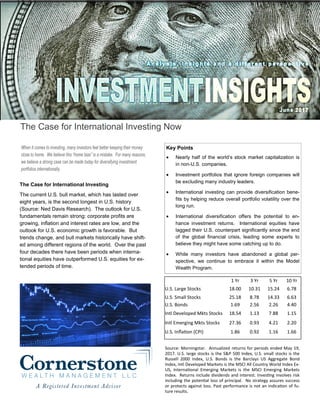 June 2017
A n a l y s i s , I n s i g h t s a n d a d i f f e r e n t p e r s p e c t i v e
The Case for International Investing Now
Key Points
 Nearly half of the world’s stock market capitalization is
in non-U.S. companies.
 Investment portfolios that ignore foreign companies will
be excluding many industry leaders.
 International investing can provide diversification bene-
fits by helping reduce overall portfolio volatility over the
long run.
 International diversification offers the potential to en-
hance investment returns. International equities have
lagged their U.S. counterpart significantly since the end
of the global financial crisis, leading some experts to
believe they might have some catching up to do.
 While many investors have abandoned a global per-
spective, we continue to embrace it within the Model
Wealth Program.
1 Yr 3 Yr 5 Yr 10 Yr
U.S. Large Stocks 18.00 10.31 15.24 6.78
U.S. Small Stocks 25.18 8.78 14.33 6.63
U.S. Bonds 1.69 2.56 2.26 4.40
Intl Developed Mkts Stocks 18.54 1.13 7.88 1.15
Intl Emerging Mkts Stocks 27.36 0.93 4.21 2.20
U.S. Inflation (CPI) 1.86 0.92 1.16 1.66
Source: Morningstar. Annualized returns for periods ended May 19,
2017. U.S. large stocks is the S&P 500 Index, U.S. small stocks is the
Russell 2000 Index, U.S. Bonds is the Barclays US Aggregate Bond
Index, Intl Developed Markets is the MSCI All Country World Index Ex-
US, International Emerging Markets is the MSCI Emerging Markets
Index. Returns include dividends and interest. Investing involves risk
including the potential loss of principal. No strategy assures success
or protects against loss. Past performance is not an indication of fu-
ture results.
The Case for International Investing
The current U.S. bull market, which has lasted over
eight years, is the second longest in U.S. history
(Source: Ned Davis Research). The outlook for U.S.
fundamentals remain strong: corporate profits are
growing, inflation and interest rates are low, and the
outlook for U.S. economic growth is favorable. But
trends change, and bull markets historically have shift-
ed among different regions of the world. Over the past
four decades there have been periods when interna-
tional equities have outperformed U.S. equities for ex-
tended periods of time.
 