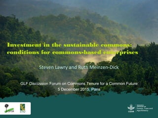 GLF Discussion Forum on Commons Tenure for a Common Future
5 December 2015, Paris
Investment in the sustainable commons:
conditions for commons-based enterprises
Steven Lawry and Ruth Meinzen-Dick
 