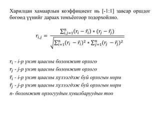 Харилцан хамаарлын коэффициент нь [-1:1] завсар оршдог
бөгөөд үүнийг дараах томъёогоор тодорхойлно.
𝑟𝑖,𝑗 =
𝑖,𝑗=1
𝑛
𝑟𝑖 − 𝑟𝑖 ∗ (𝑟𝑗 − 𝑟𝑗)
𝑖=1
𝑛
(𝑟𝑖 − 𝑟𝑖)2 ∗ 𝑗=1
𝑛
(𝑟𝑗 − 𝑟𝑗)2
𝑟𝑖 - i-р үнэт цаасны боломжит орлого
𝑟𝑗 - j-р үнэт цаасны боломжит орлого
𝑟𝑖 - i-р үнэт цаасны хүлээгдэж буй орлогын норм
𝑟𝑗 - j-р үнэт цаасны хүлээгдэж буй орлогын норм
n- боломжит орлогуудын хувилбаруудын тоо
 