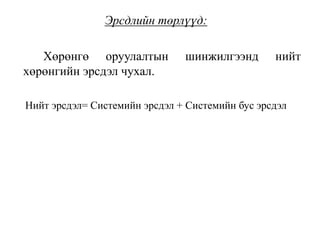 Эрсдлийн төрлүүд:
Хөрөнгө оруулалтын шинжилгээнд нийт
хөрөнгийн эрсдэл чухал.
Нийт эрсдэл= Системийн эрсдэл + Системийн бус эрсдэл
 