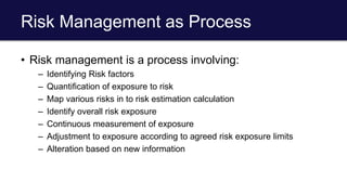 Risk Management as Process
• Risk management is a process involving:
– Identifying Risk factors
– Quantification of exposure to risk
– Map various risks in to risk estimation calculation
– Identify overall risk exposure
– Continuous measurement of exposure
– Adjustment to exposure according to agreed risk exposure limits
– Alteration based on new information
 