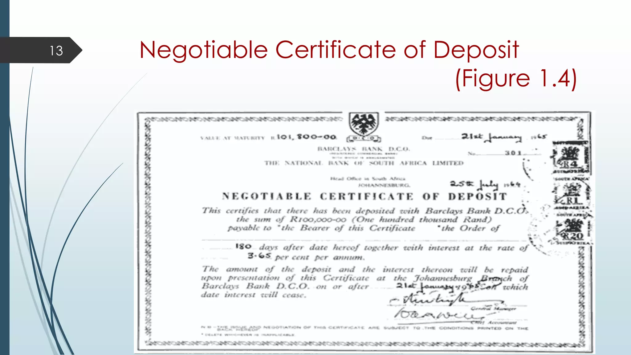 Negotiable Certificate of Deposit
(Figure 1.4)
13
 