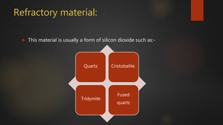 Refractory material:
 This material is usually a form of silicon dioxide such as:-
Quartz Cristobalite.
Tridymite
Fused
quartz
 