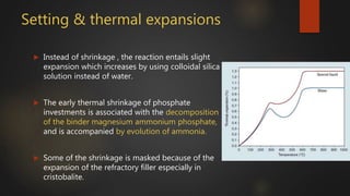 Setting & thermal expansions
 Instead of shrinkage , the reaction entails slight
expansion which increases by using colloidal silica
solution instead of water.
 The early thermal shrinkage of phosphate
investments is associated with the decomposition
of the binder magnesium ammonium phosphate,
and is accompanied by evolution of ammonia.
 Some of the shrinkage is masked because of the
expansion of the refractory filler especially in
cristobalite.
 
